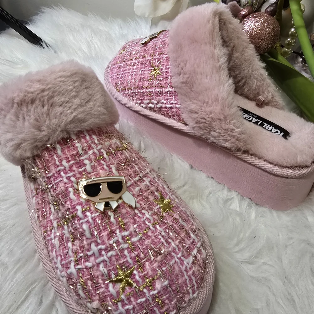 Karl Lagerfeld Hessa Tweed Pink Faux Fur Trim Platform Women's Slides New